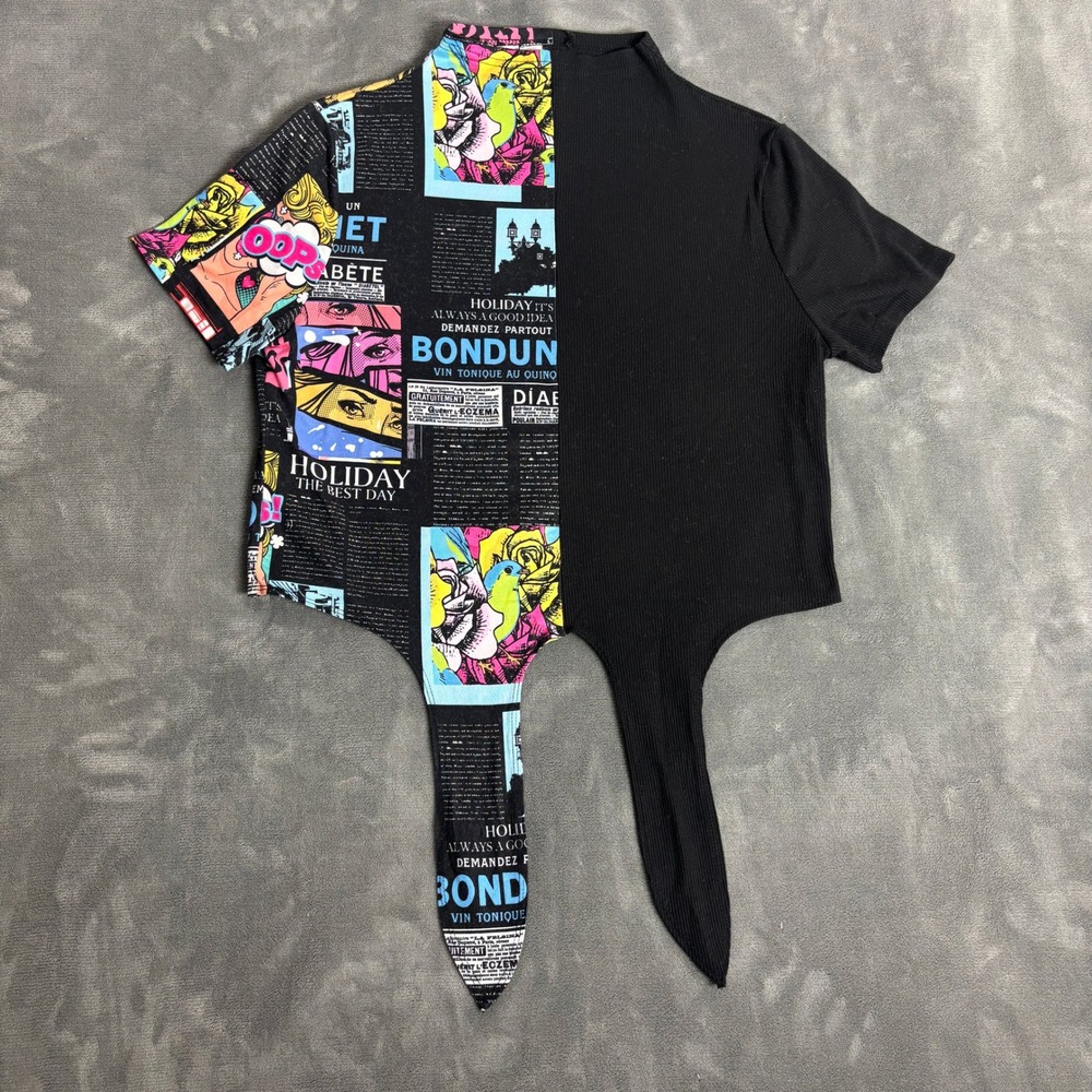 Pop Art Newspaper Print Split Ribbed Crop Top Black Multi Mock Neck Tie Front